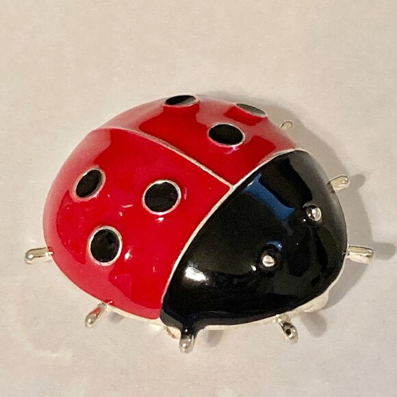Red Ladybug Pin Brooch Pendant Necklace Enamel 22" Black Cord Insect Bug Big - Picture 5 of 12
